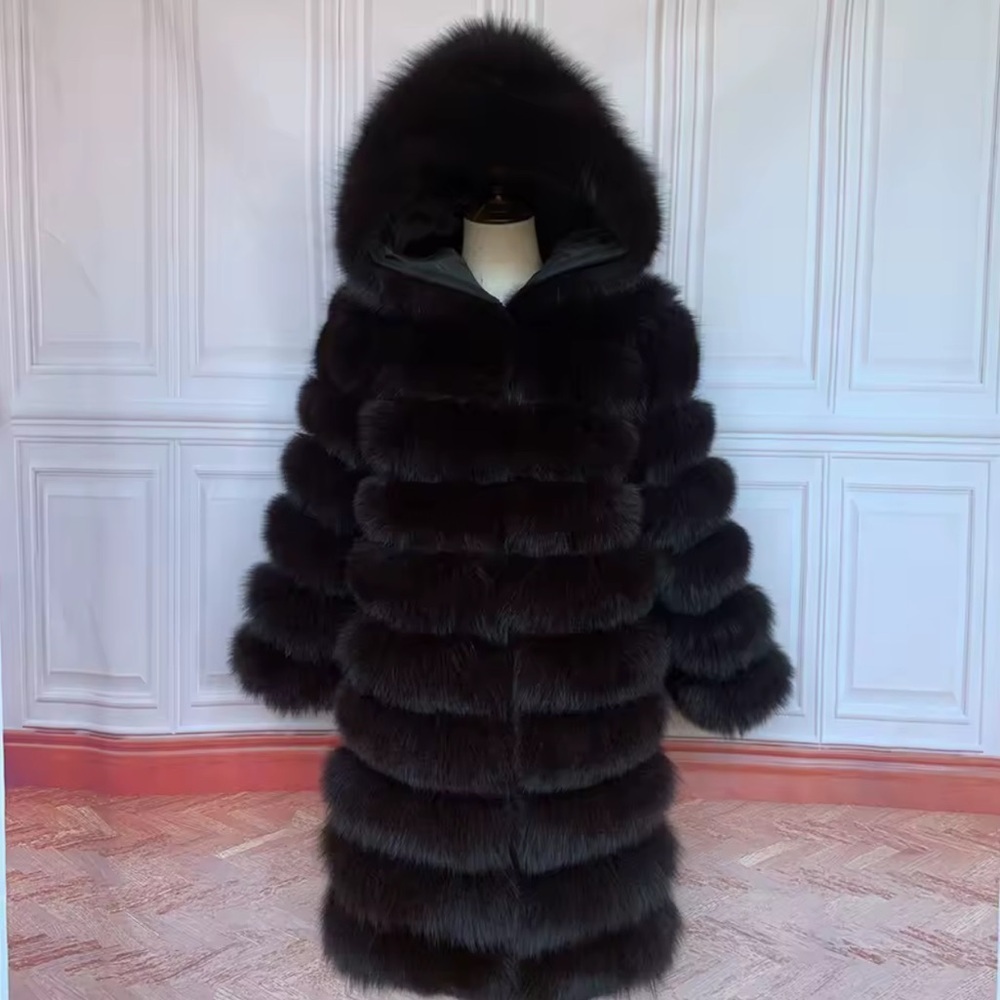Luxurious Black Fur Coat with Hood real fur